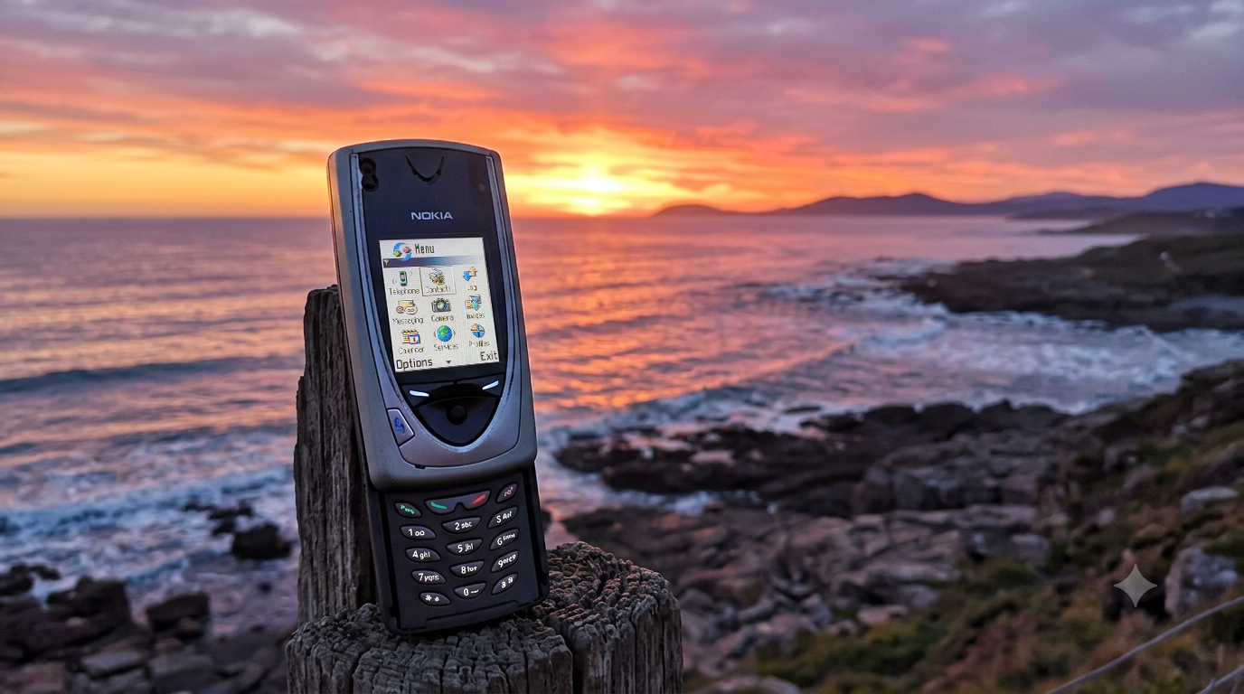AI image of a Nokia 7650 phone in front of a coastal sunrise