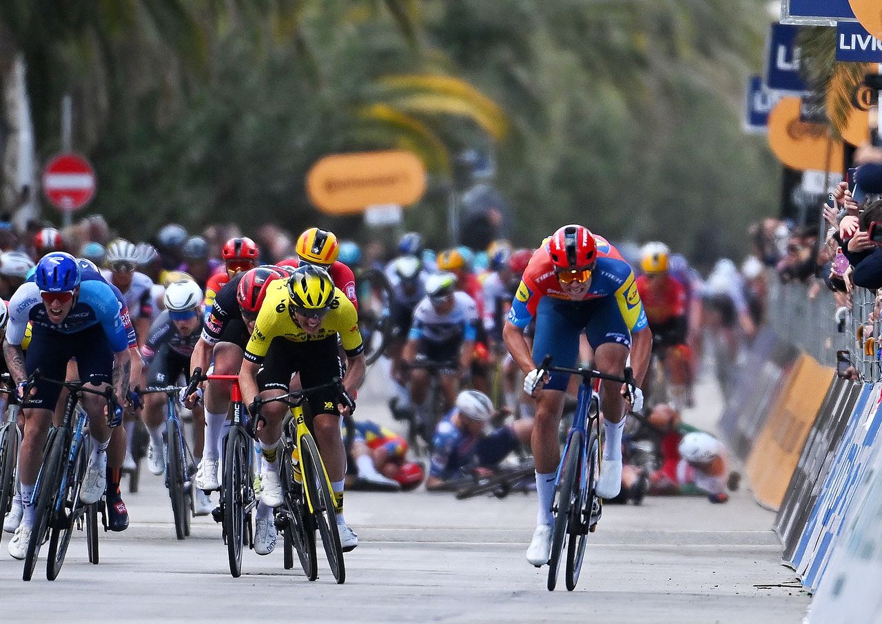 SAN BENEDETTO DEL TRONTO, ITALY - MARCH 16: (L-R) Sam Bennett of Ireland and Decathlon Ag2R La Mondiale Team, Paul Penhoet of France and Team Groupama - FDJ, Jake Stewart of The United Kingdom and Team Israel &acirc;&euro;&ldquo; Premier Tech, Olav Kooij of The Netherlands and Team Visma | Lease A Bike and stage winner Jonathan Milan of Italy and Team Lidl - Trek sprint at finish line during the 60th Tirreno-Adriatico 2025, Stage 8 a 147km stage from Porto Potenza Picena to San Benedetto del Tronto / #UCIWT / on March 16, 2025 in San Benedetto del Tronto, Italy. (Photo by Tim de Waele/Getty Images)