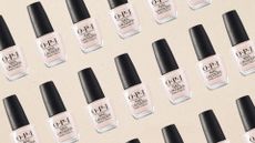 A collage of the OPI nail lacquer in shade Tiramisu for two repeated diagonally, on a beige template