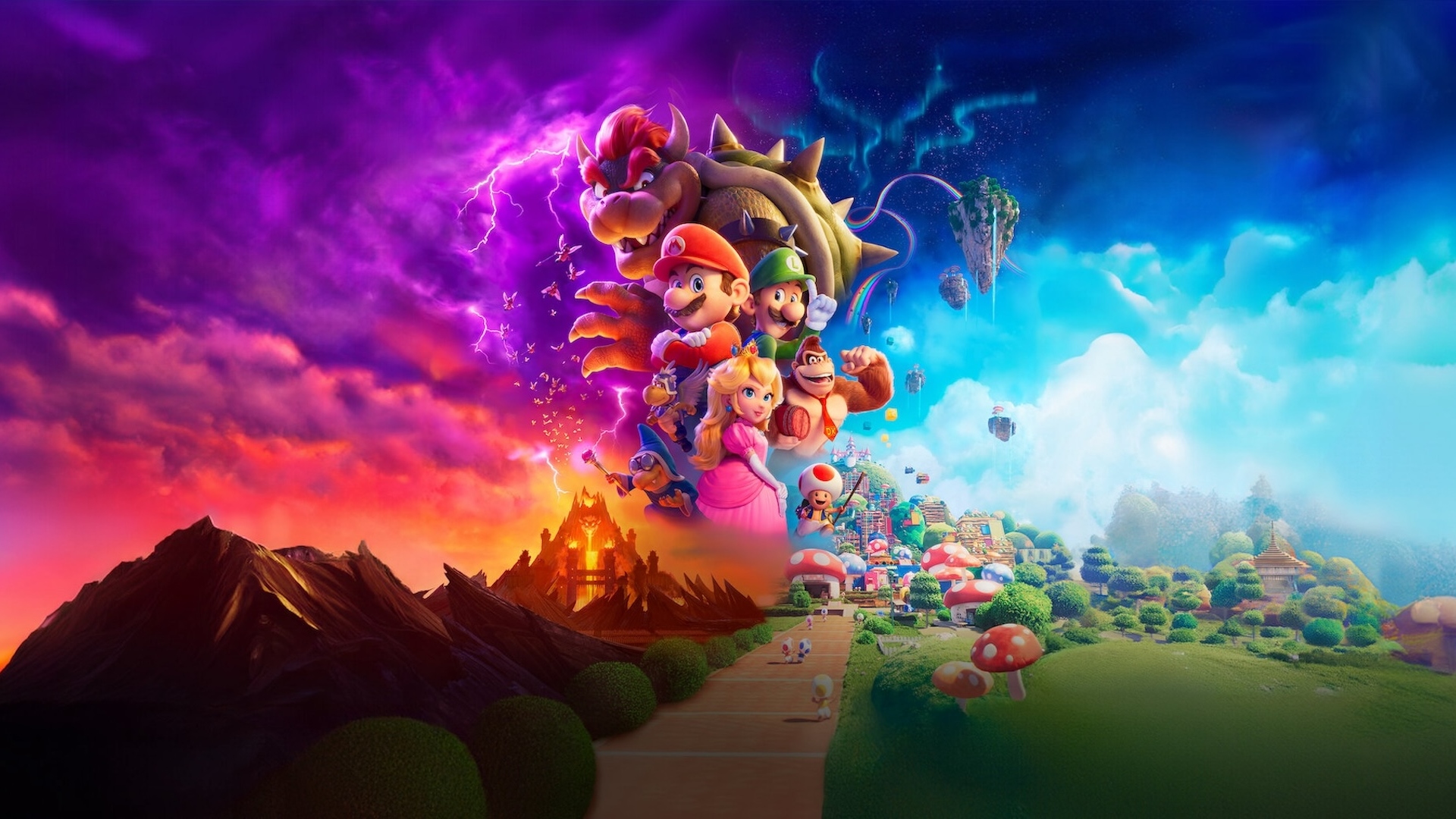 The cover art for the Super Mario Bros Movie featuring Bowser, Luigi, Toad, Princess Peach and Donkey Kong 