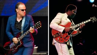 Left-Joe Bonamassa performs at Lumen Field on May 15, 2024 in Seattle, Washington;Right-American singer, songwriter and guitarist B.B. King (1925-2015) plays a Gibson ES-355 guitar live on stage at the Newport Jazz Festival in Newport, Rhode Island on 6 July 1969