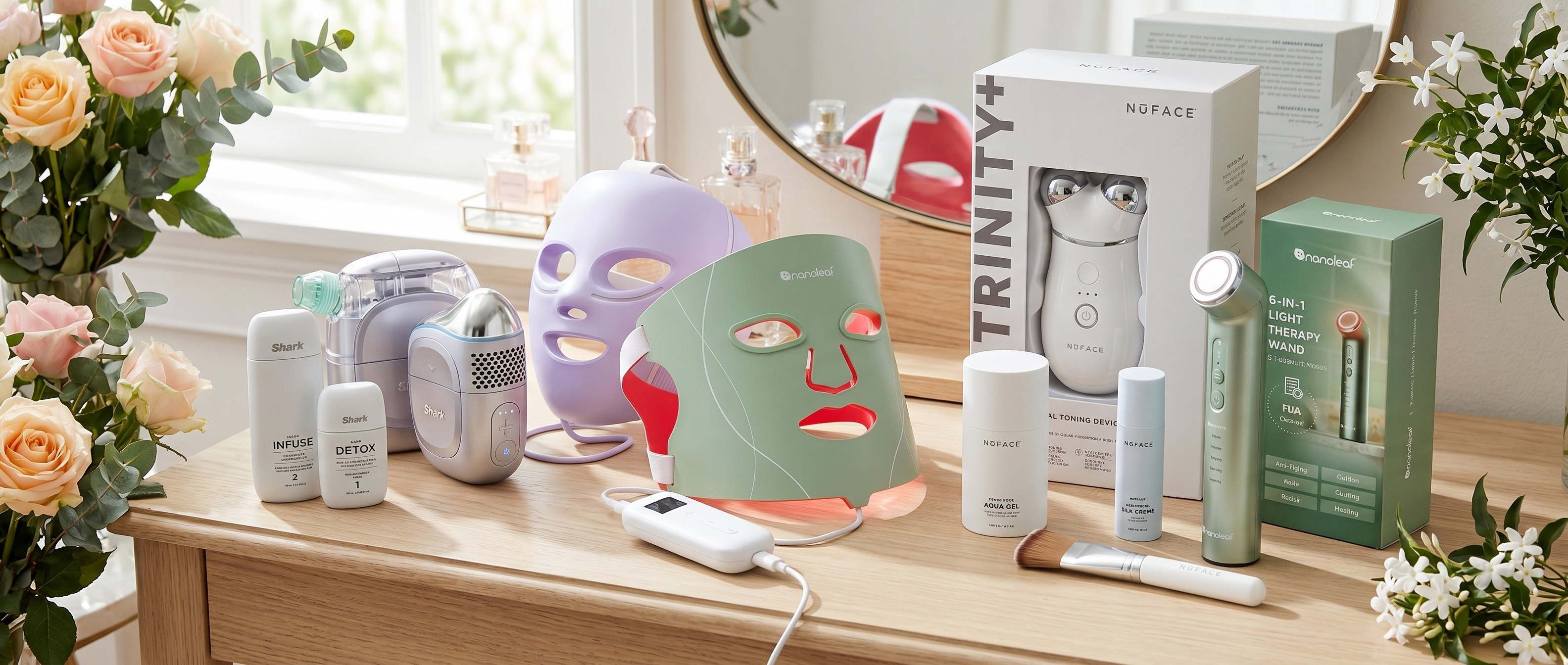 Selection of beauty gadgets on a dressing table with flowers around
