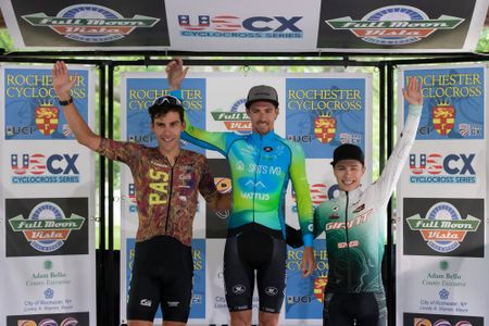 Men's C1 podium at 2022 Rochester Cyclocross (l to r): Curtis White in second, winner Vincent Baestaens and Caleb Swartz in third