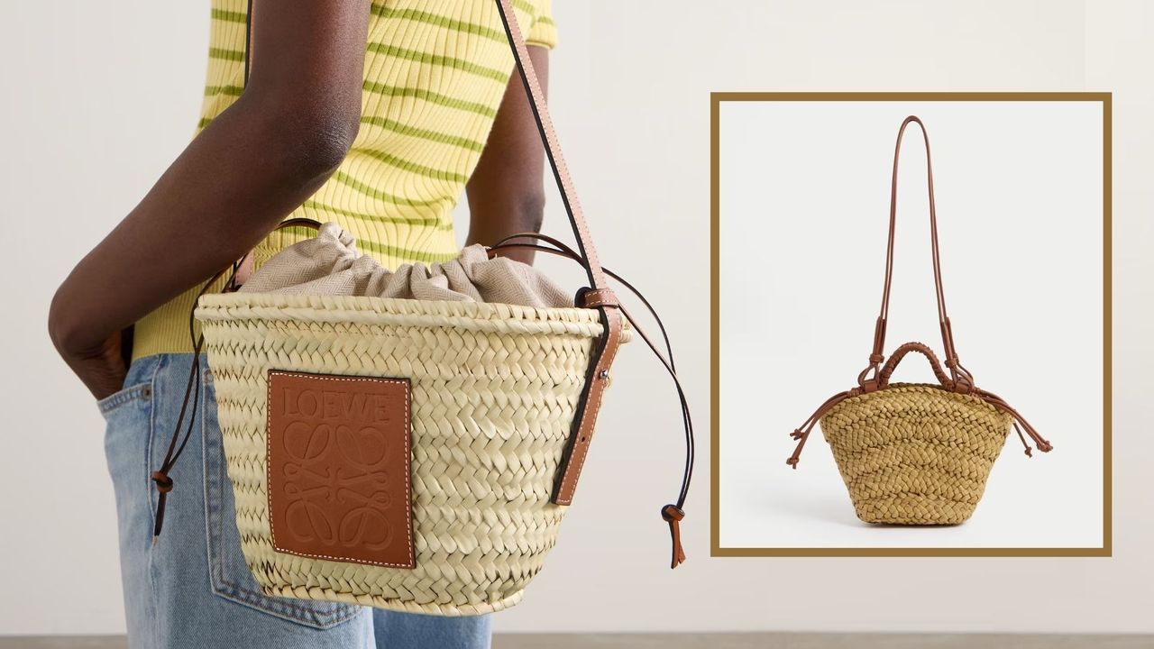 M&amp;S mini basket bag next to its lookalike, the Loewe raffia bucket crossbody