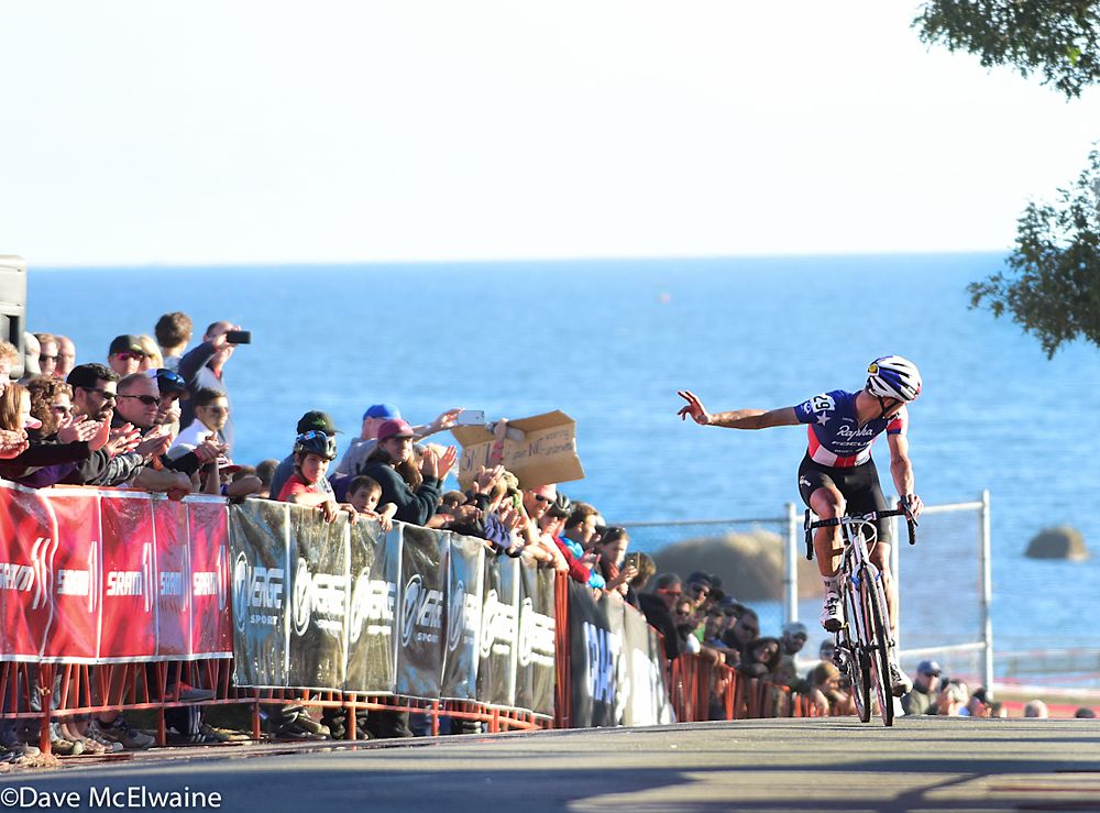 Jeremy Powers (Aspire Racing) checks behind him to make sure he was alone at the finish