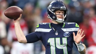 Sam Darnold #14 of the Seattle Seahawks warms up prior to the NFC Divisional Playoff game against the San Francisco 49ers at Lumen Field on January 17, 2026 in Seattle, Washington. 