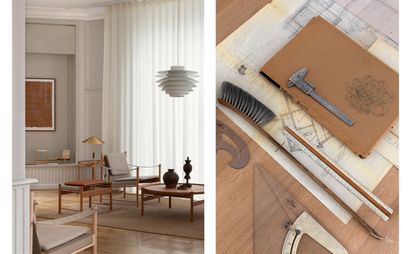 Left image: Hans Bølling’s new ‘HB’ stool, lounge chair and coffee table featured in the centre of a room with beige curtains in the background. The right image shows drawings and tools including a brush, ruler and notebook on a table. 