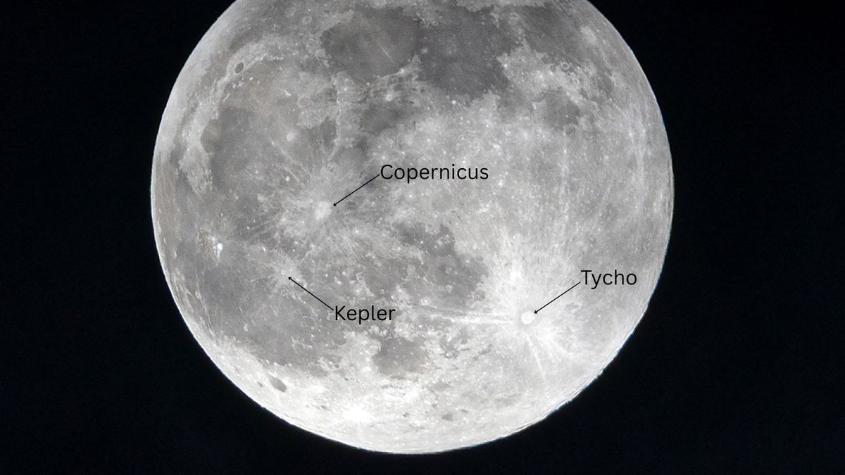Una foto de una luna llena brillando en un cielo negro con cráteres prominentes etiquetados por su nombre.