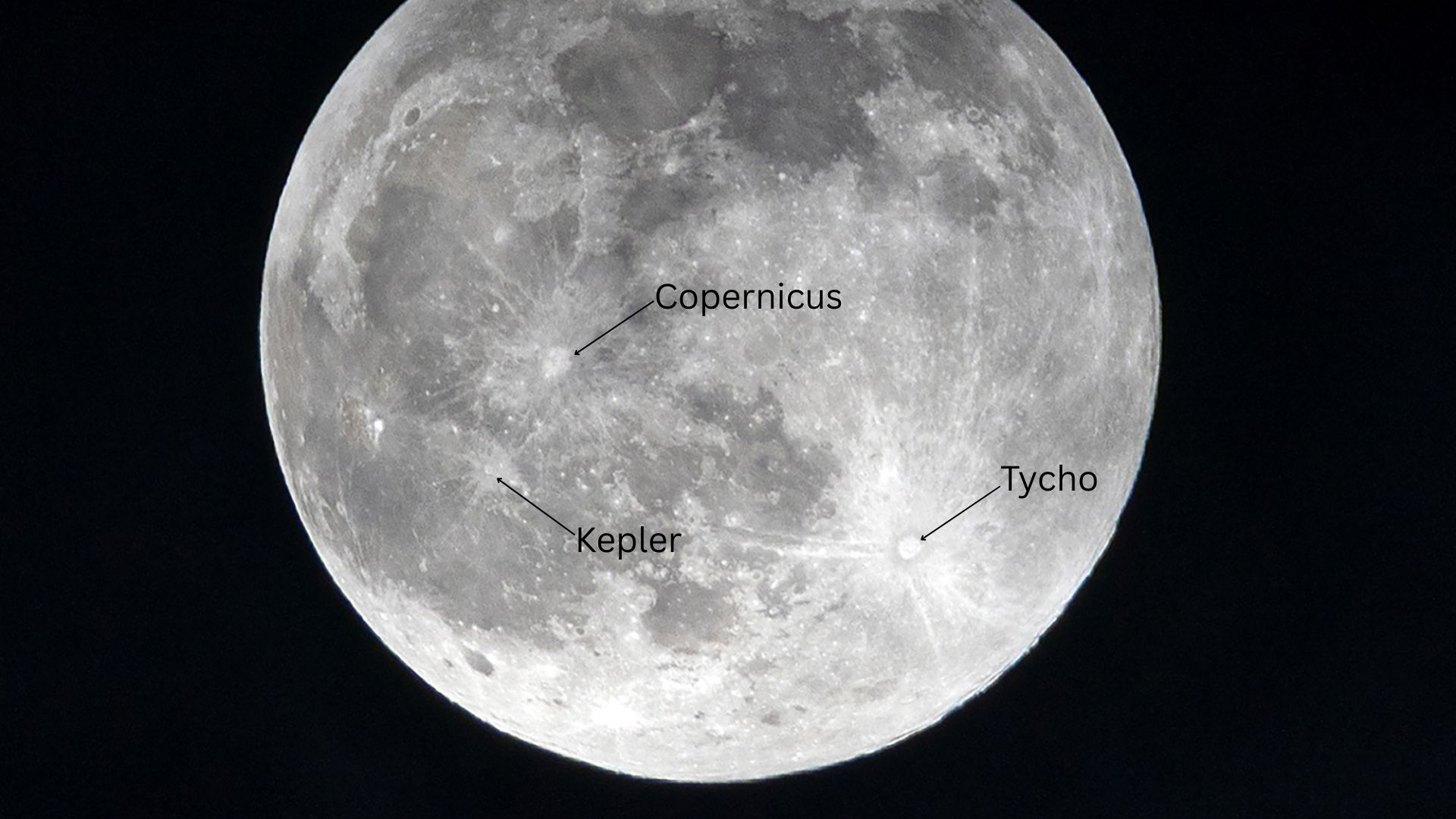 Uma foto de uma lua cheia brilhando em um céu negro com crateras proeminentes marcadas por nome.