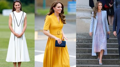 three photos of Kate Middleton in dresses