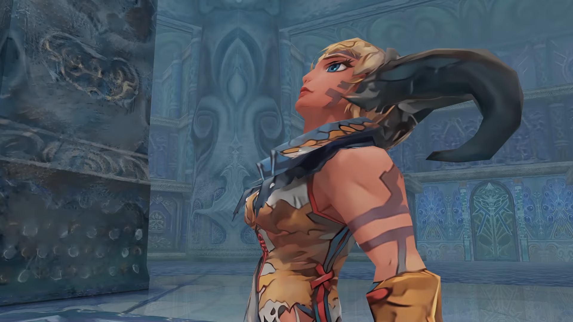 A woman in leather armor with large black horns