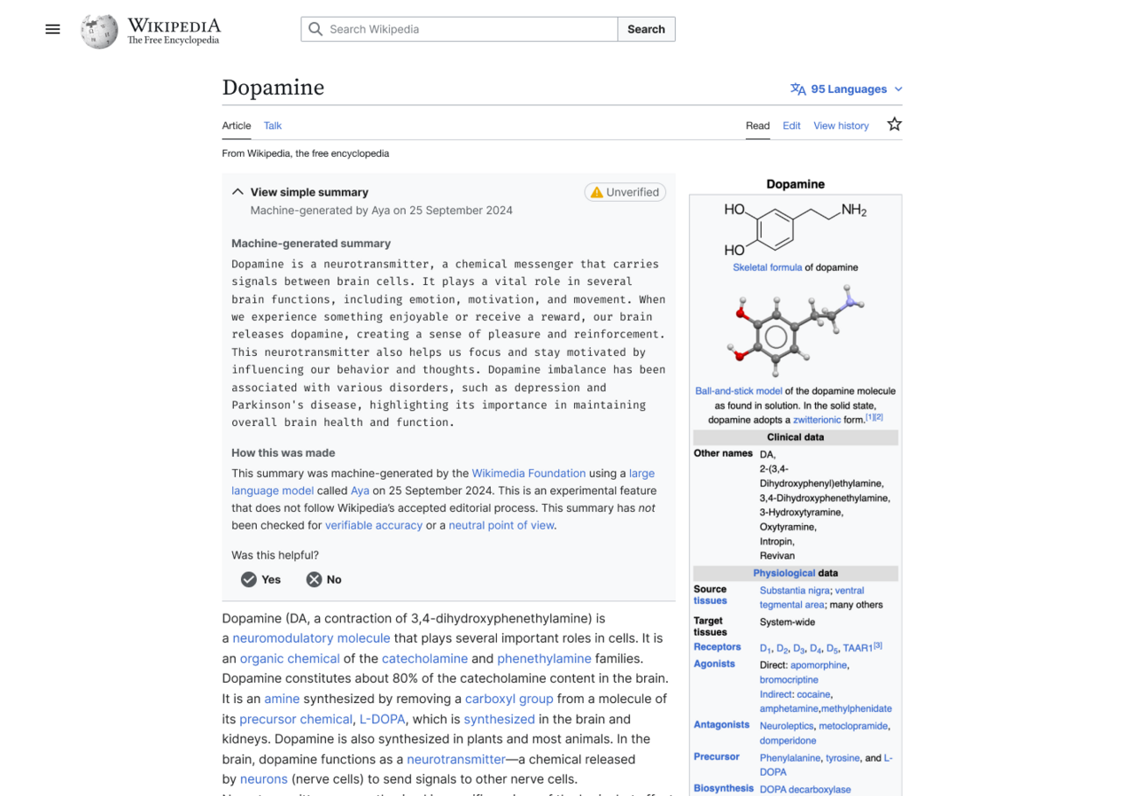 A screenshot of a Wikipedia page for 'Dopamine,' featuring an AI-generated summary from Aya, dated September 25, 2024, as an example of an early machine-generated content experiment.