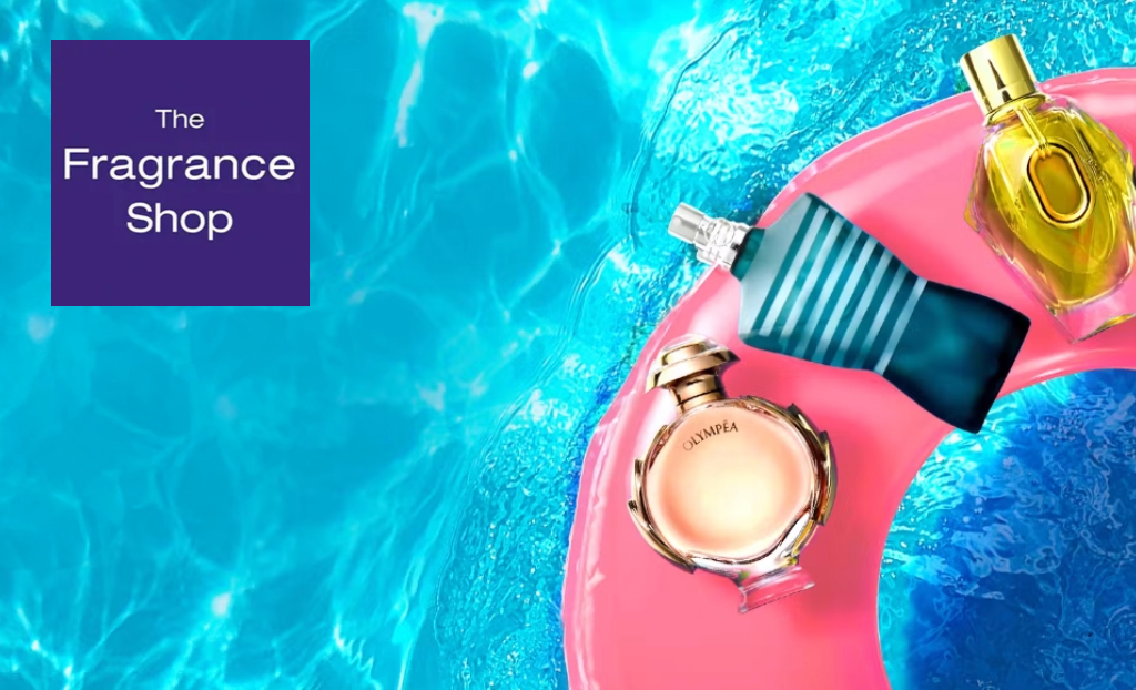 pool with pink rubber ring and fragrances and the fragrance shop logo in top left corner