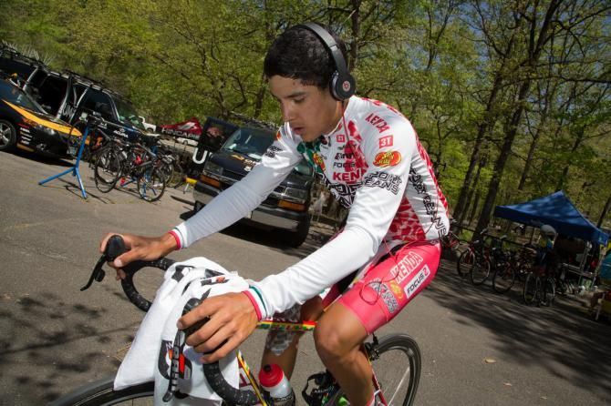 Mexican national road champion Luis Davila warms up prior to the first stage time trial in Devil's Den State Park.