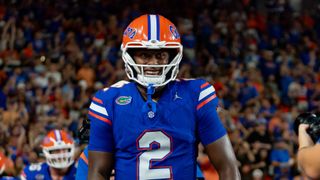 Florida Gators quarterback DJ Lagway (2) celebrates ahead of the Florida Gators vs Texas A&amp;M: live stream