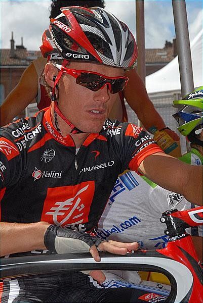 Luis Leon Sanchez inspects his bike before the start of stage nine.