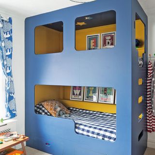 Blue bunk bed and yellow wall