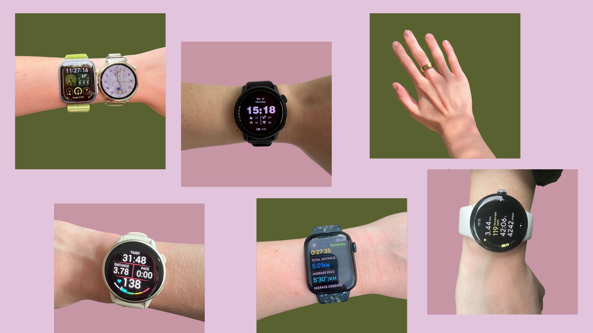 Grace Walsh wearing a selection of the best fitness trackers, tried and tested in 2025, including watches from Google, Apple, Garmin, Coros, Huawei, and the Oura Ring