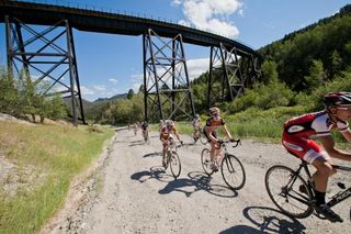 Riders strung out on a training ride under the Big Sky at USA Cycling’s Cyclocross summer training camp in Helena, Montana