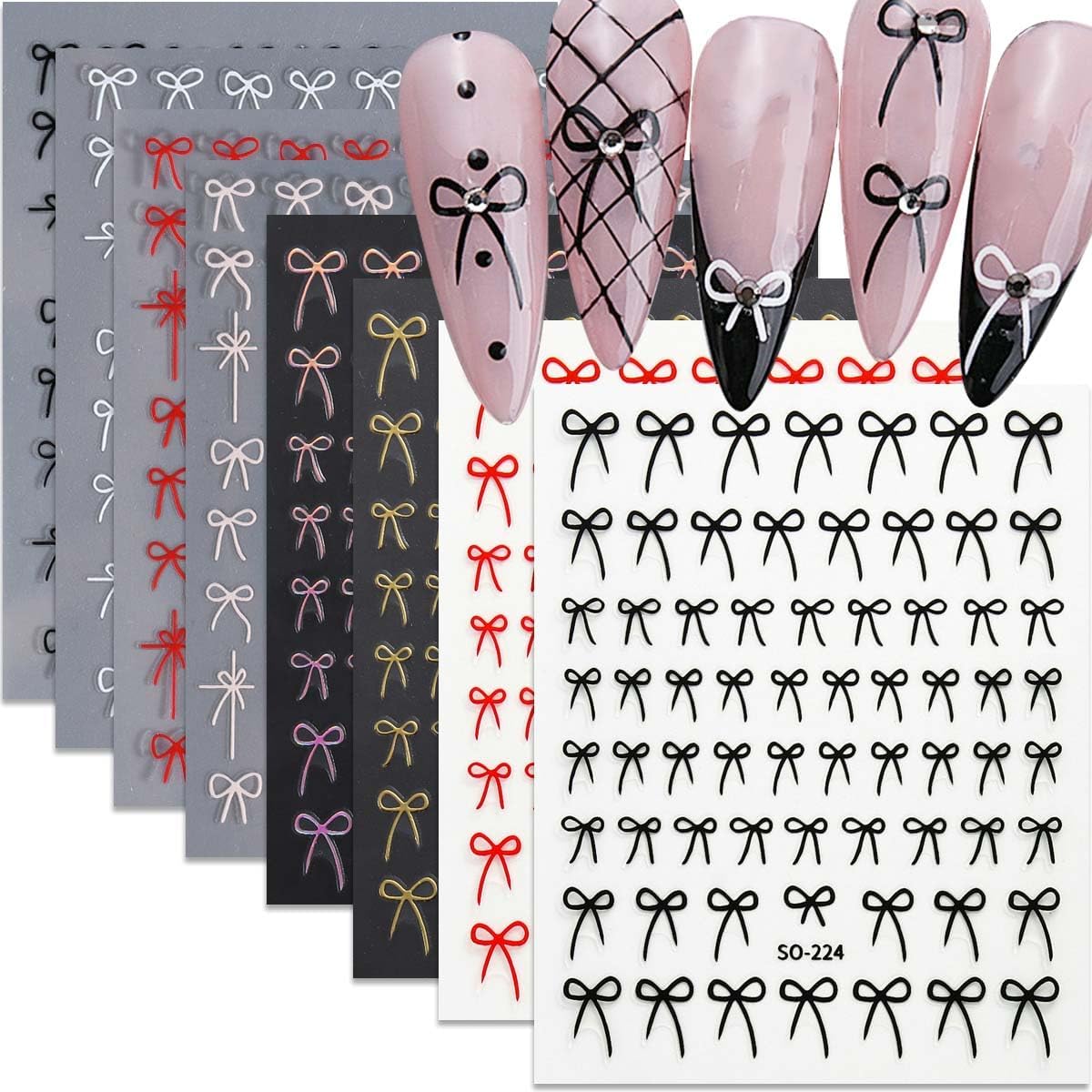 Hpyfoi 8 Count Bow Nail Art Stickers, Self-Adhesive, Vinyl, Glossy, Black, White, Red, Gold, Aurora, 3d, Diy Nail Designs, Manicure Decorations, Women, Adults, All Seasons