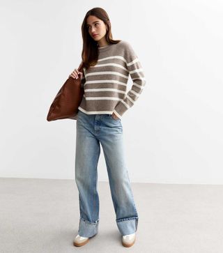 New Look, Brown Striped Knit Crew Neck Jumper