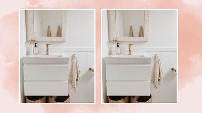 @sundayharris bathroom photo of white walls and sink with woven baskets underneath on a peach background