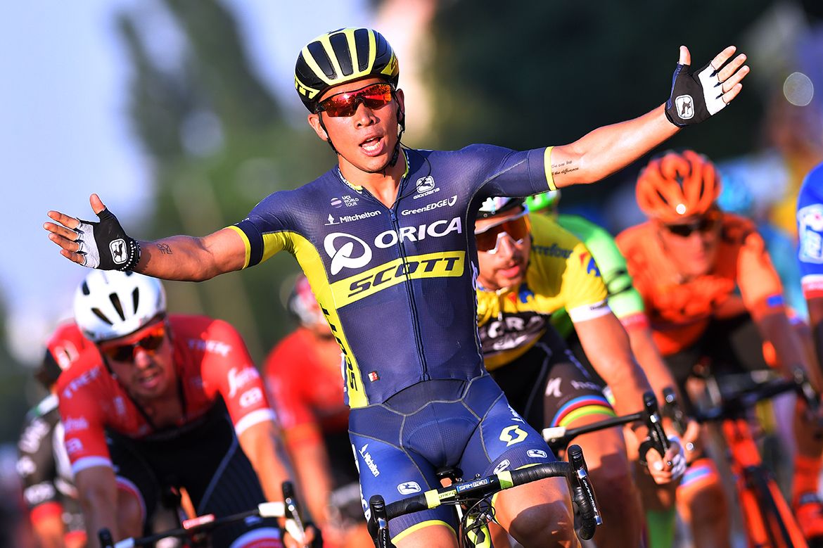 Caleb Ewan celebrates victory on the fourth stage 4 of the Tour de Pologne.