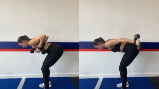 F45 trainer Jess King demonstrates two positions of the triceps kick-back