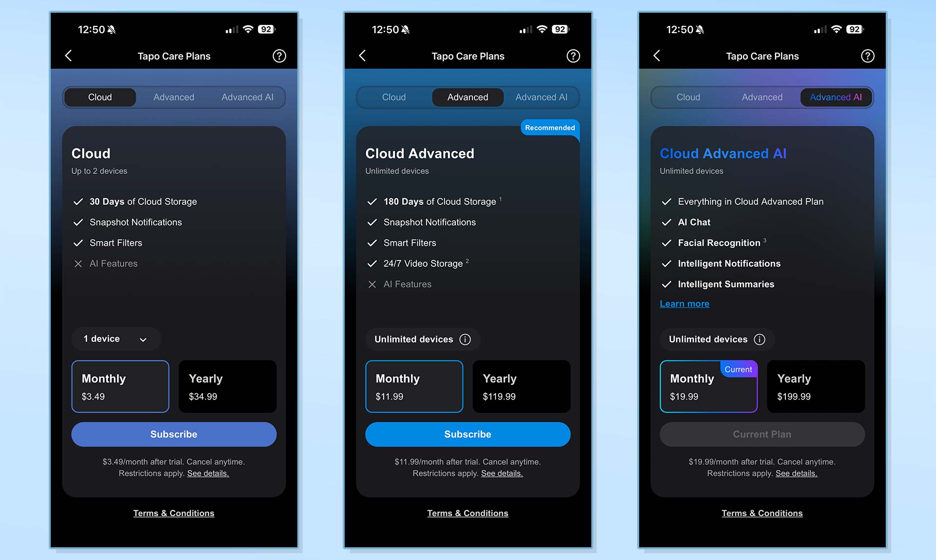 Screenshots from the TP-Link Tapo C675D security camera app