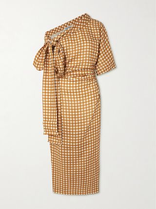 Bowie Tie-Detailed One-Shoulder Checked Linen Maxi Dress