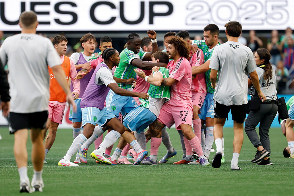 Players of Seattle Sounders FC and Inter Miami CF fight after the Leagues Cup Final match between Seattle Sounders and Inter Miami CF at Lumen Field on August 31, 2025 in Seattle, Washington.