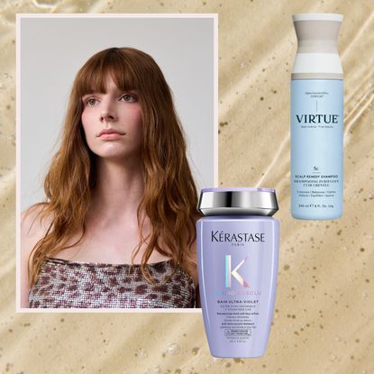 a redheaded woman with bangs in a leopard print top on a watery yellow background with two bottles of luxury shampoos in blue and purple packaging