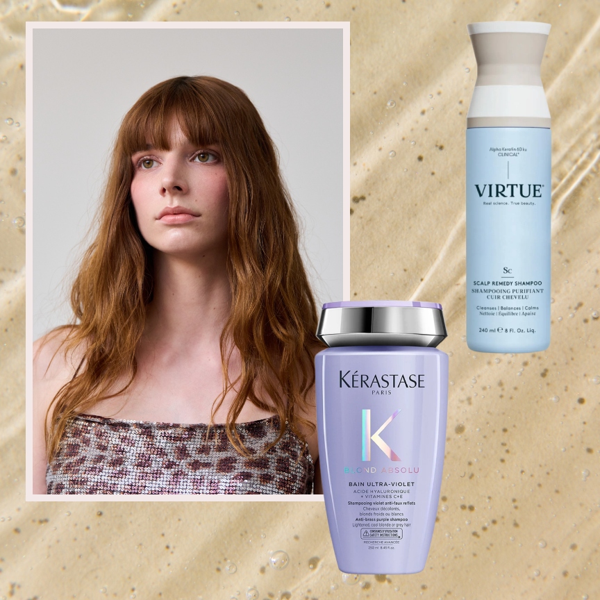 a redheaded woman with bangs in a leopard print top on a watery yellow background with two bottles of luxury shampoos in blue and purple packaging