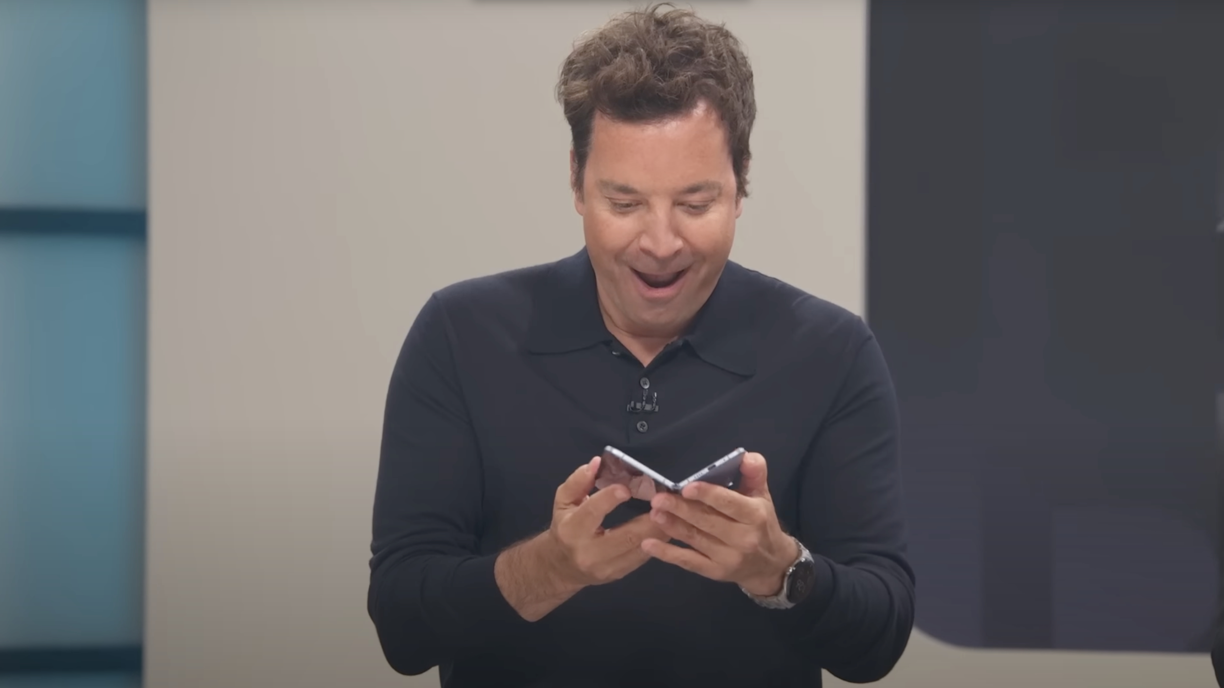 Jimmy Fallon holding the Pixel 10 Pro Fold during the Made by Google event