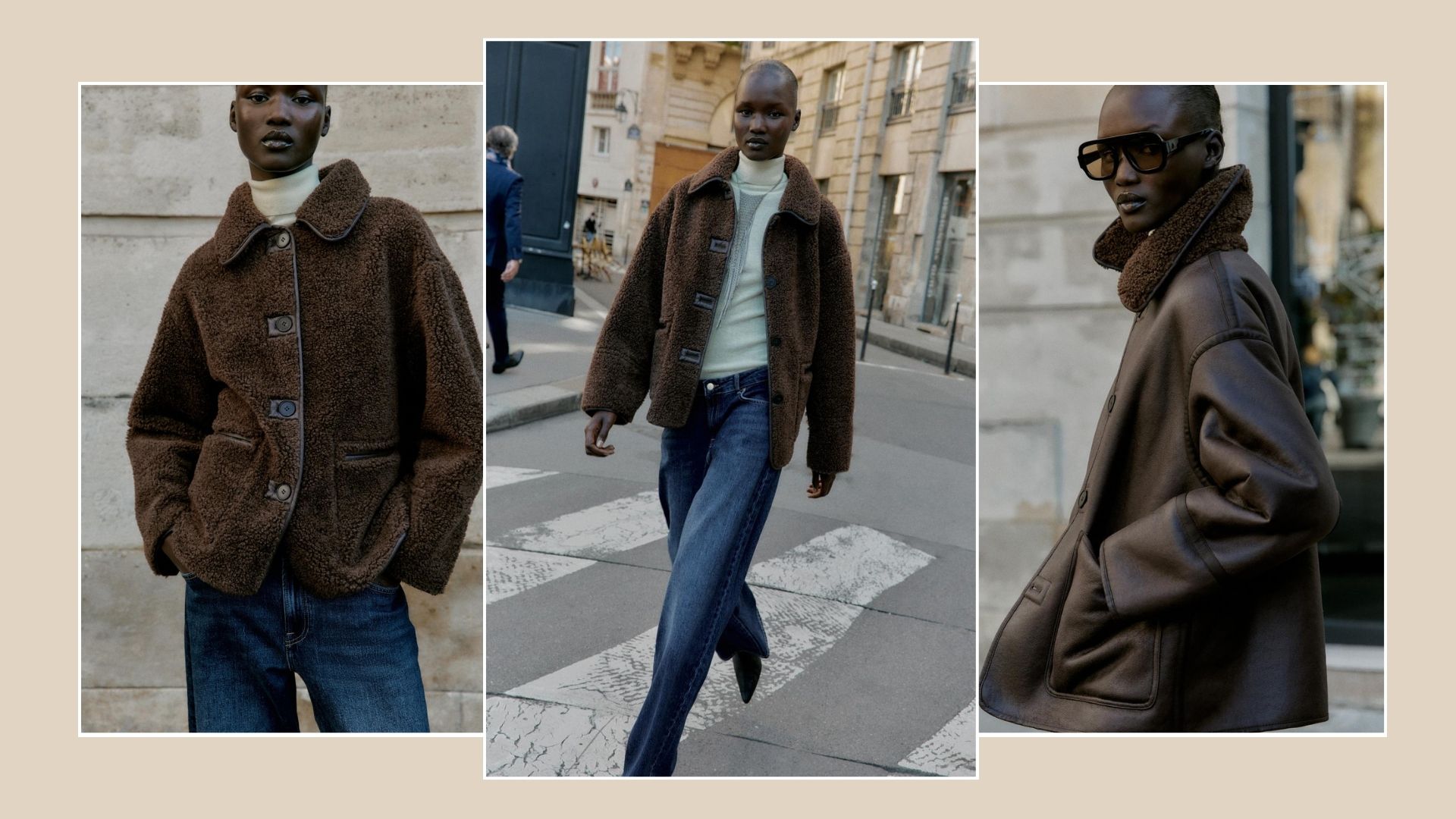 Model wear borg brown jacket, cream turtleneck and blue jeans 