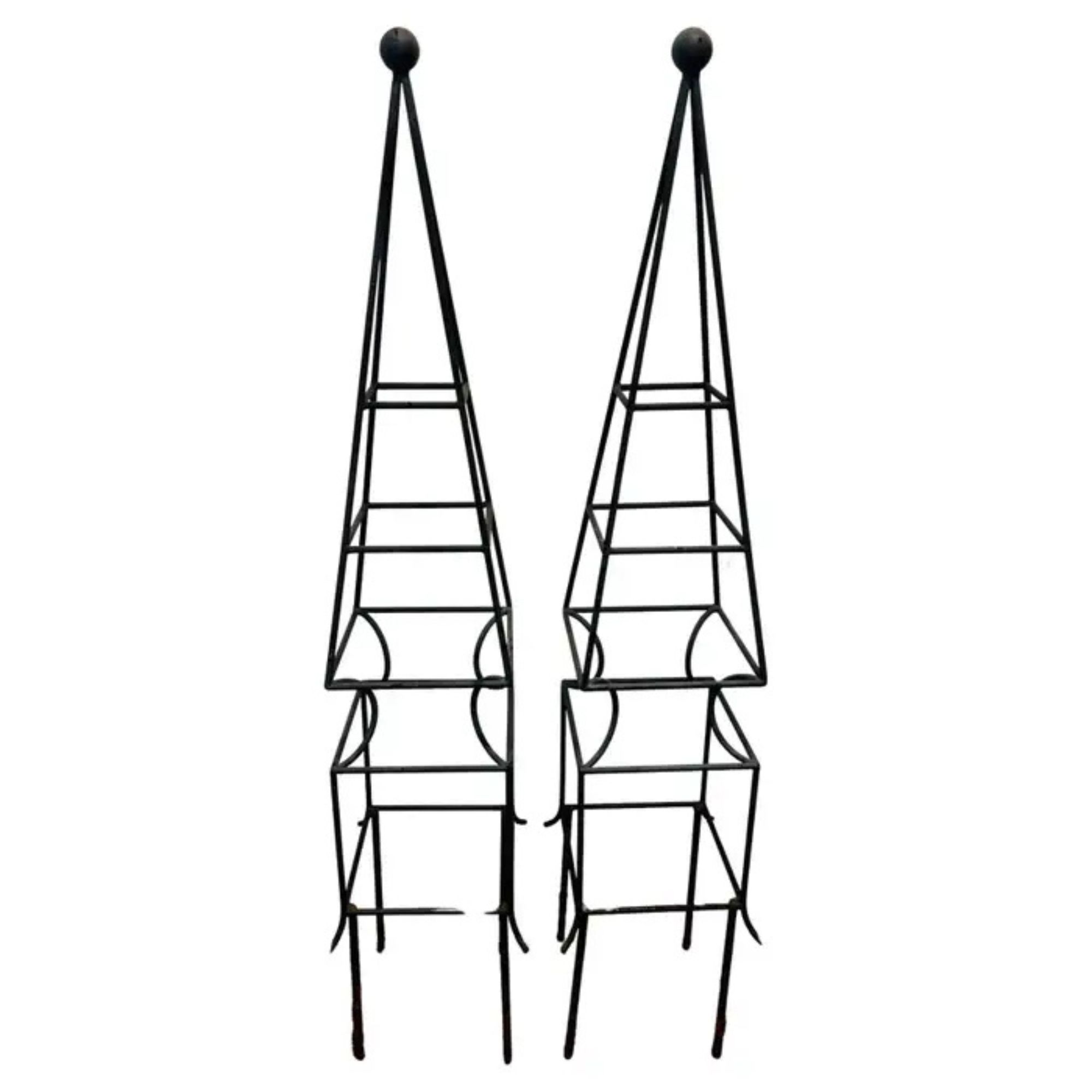 Pair Obelisk Shaped Garden Topiary Forms in Wrought Iron