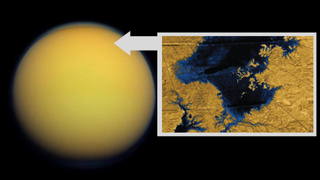 photo of the saturn moon titan, showing it as a fuzzy yellowish ball, with an inset showing a satellite photo of lake and river networks on the moon