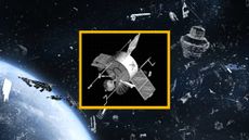 An illustration of space junk orbiting Earth with a photo of the USA 32 satellite added on top 