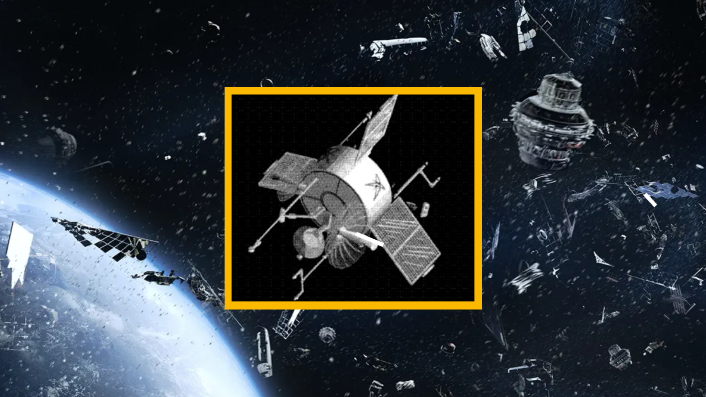 An illustration of space junk orbiting Earth with a photo of the USA 32 satellite added on top 