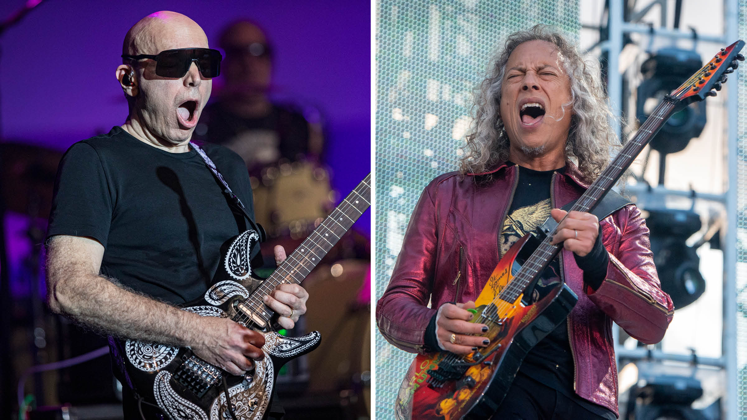 Joe Satriani plays his Paisley Pattern JS signature Ibanez; Kirk Hammett [right] plays his ESP Mummy.