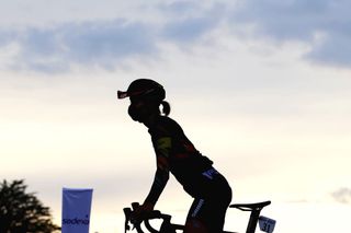 LANDERNEAU FRANCE JUNE 26 Katarzyna Niewiadoma of Poland and Team Canyon SRAM Racing at start during the 8th La Course By Le Tour De France 2021 a 1077km race from Brest to Landerneau Cte De La Fosse Aux Loups 176m Team Presentation Silhouette LaCourse LeTour TDF2021 UCIWWT on June 26 2021 in Landerneau France Photo by Tim de WaeleGetty Images