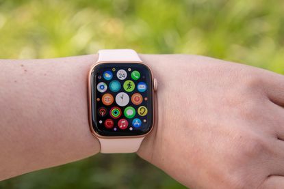 In this photo illustration, a Apple Watch 5 on an arm on April 24, 2021 in Bargteheide, Germany.