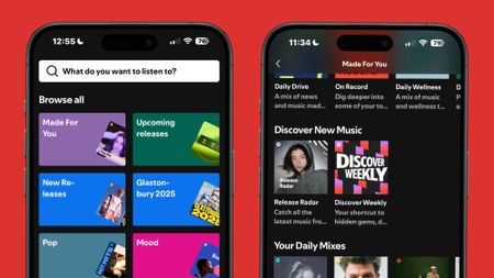 Screen shots of Spotify's search hub and Made For You hub 