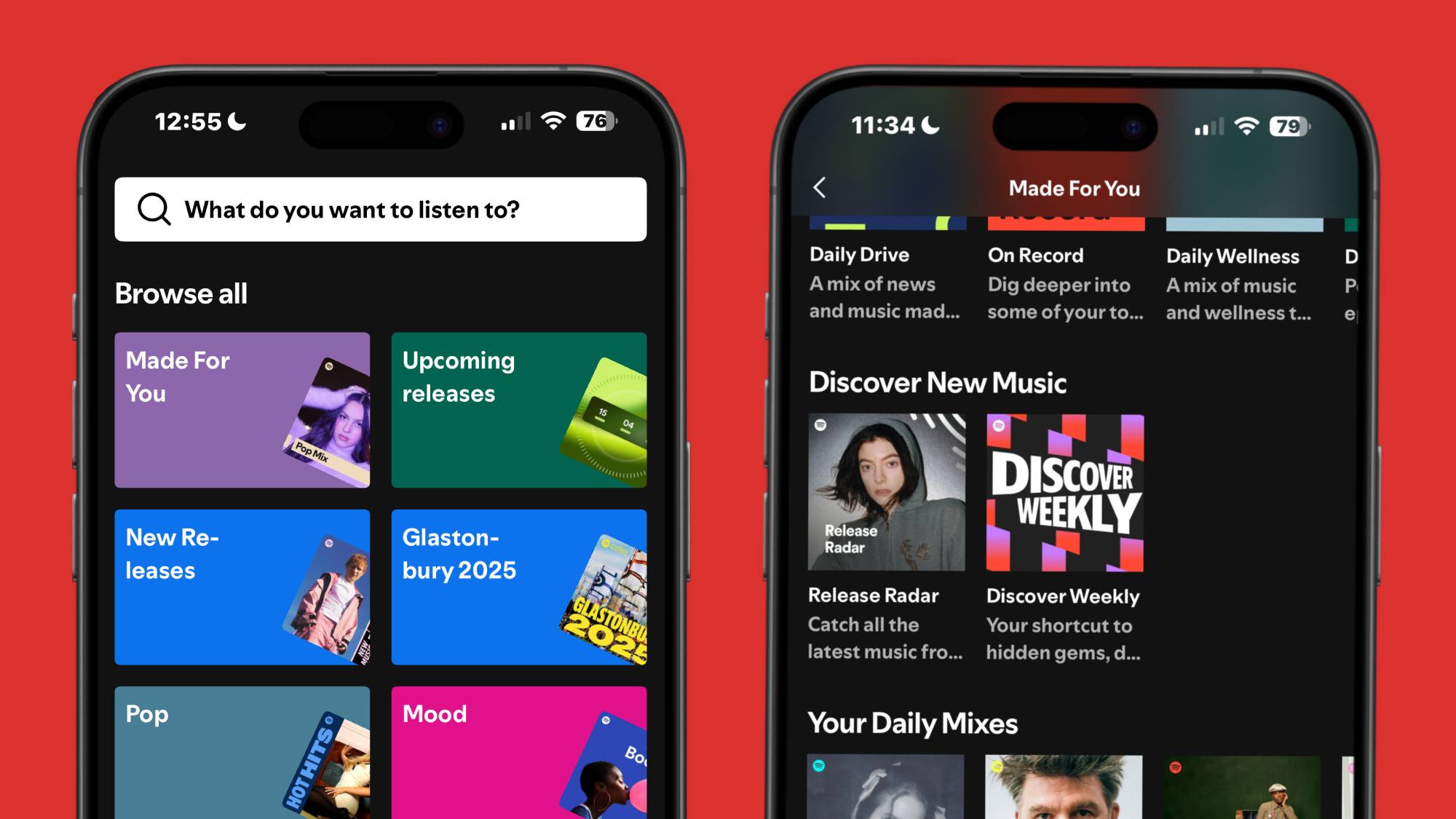 Screen shots of Spotify's search hub and Made For You hub