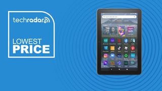 The Amazon Fire HD 8 Plus on a blue background with text saying Lowest price.