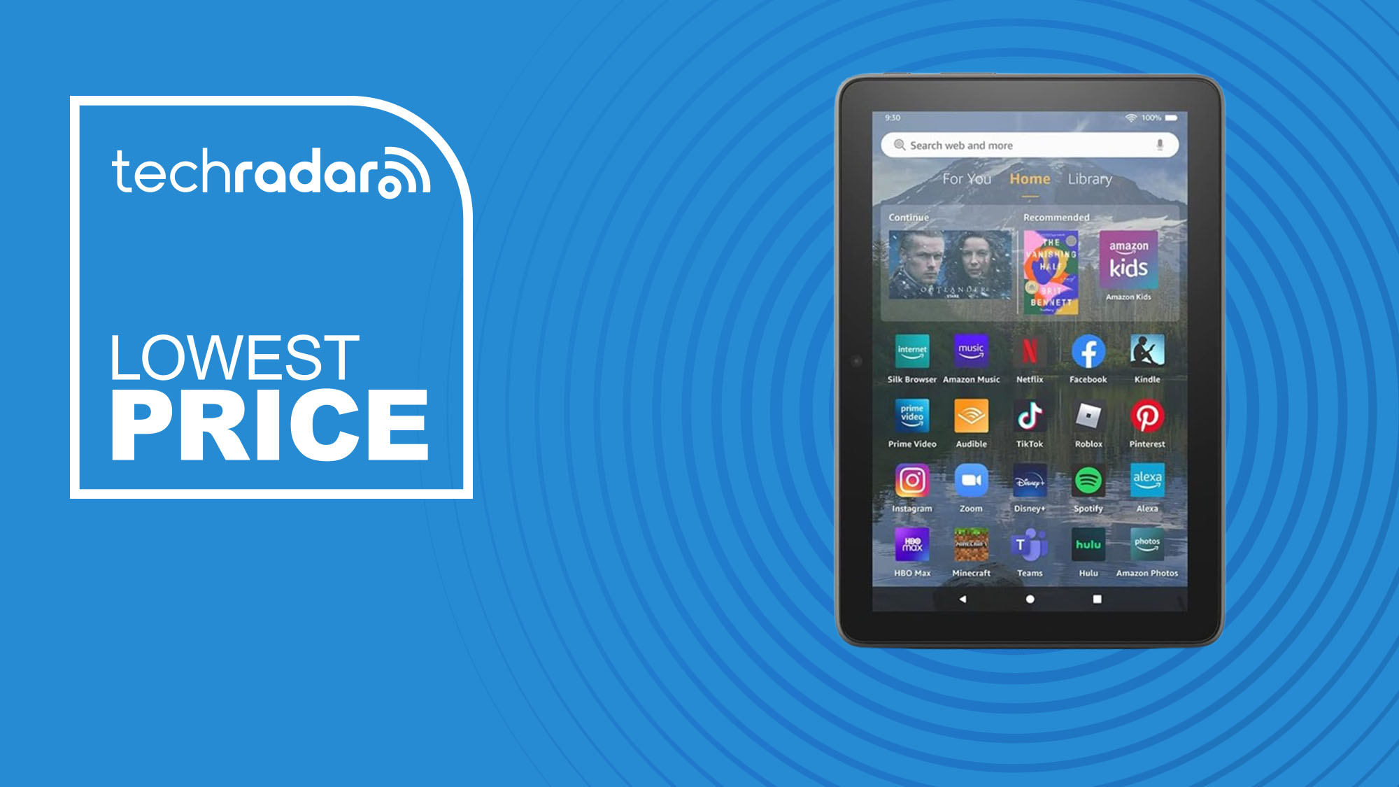 The Amazon Fire HD 8 Plus on a blue background with text saying Lowest price.