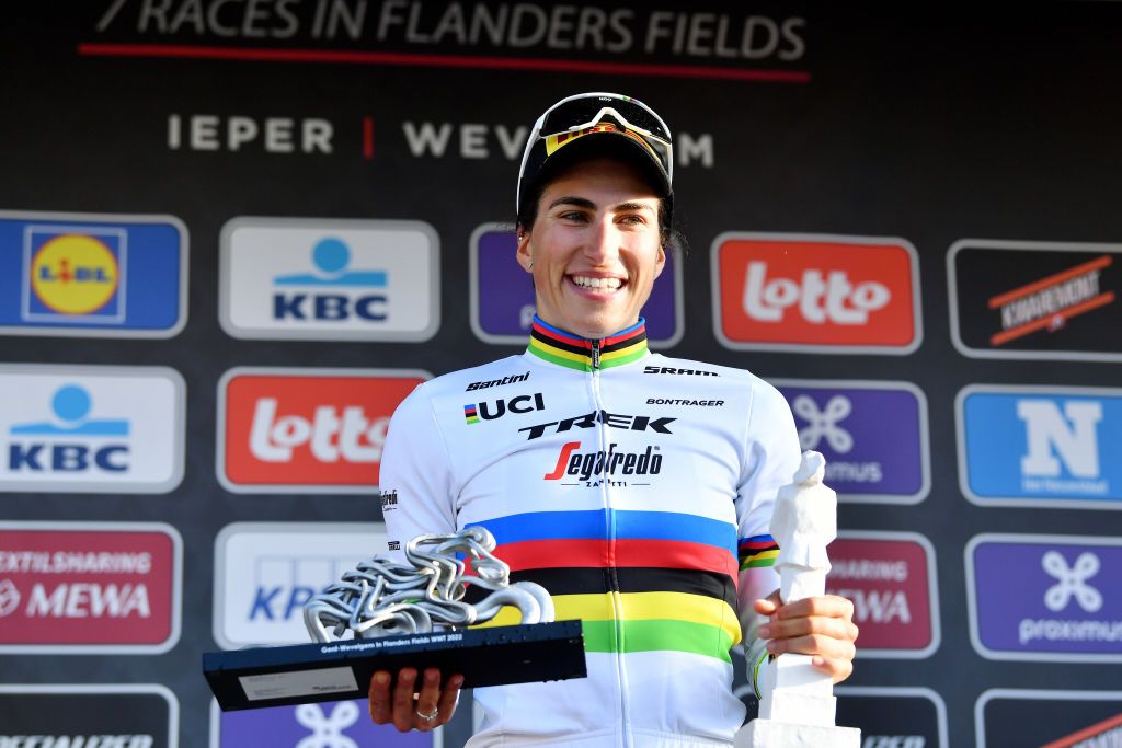 WEVELGEM BELGIUM MARCH 27 Elisa Balsamo of Italy and Team Trek Segafredo celebrates winning the race on the podium ceremony after the 11th GentWevelgem In Flanders Fields 2022 Womens Elite a 159km one day race from Ypres to Wevelgem GWEwomen UCIWWT on March 27 2022 in Wevelgem Belgium Photo by Luc ClaessenGetty Images