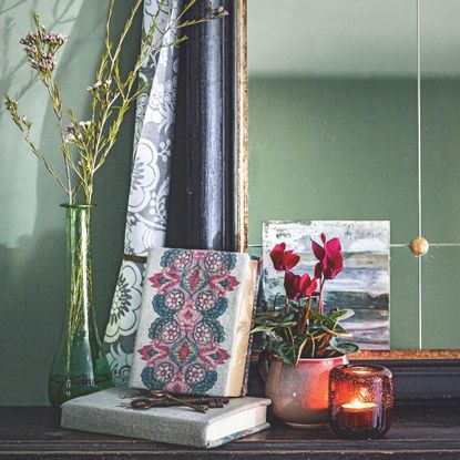 Red-pink flowering cyclamen houseplant in front of mirror next to books in bedroom