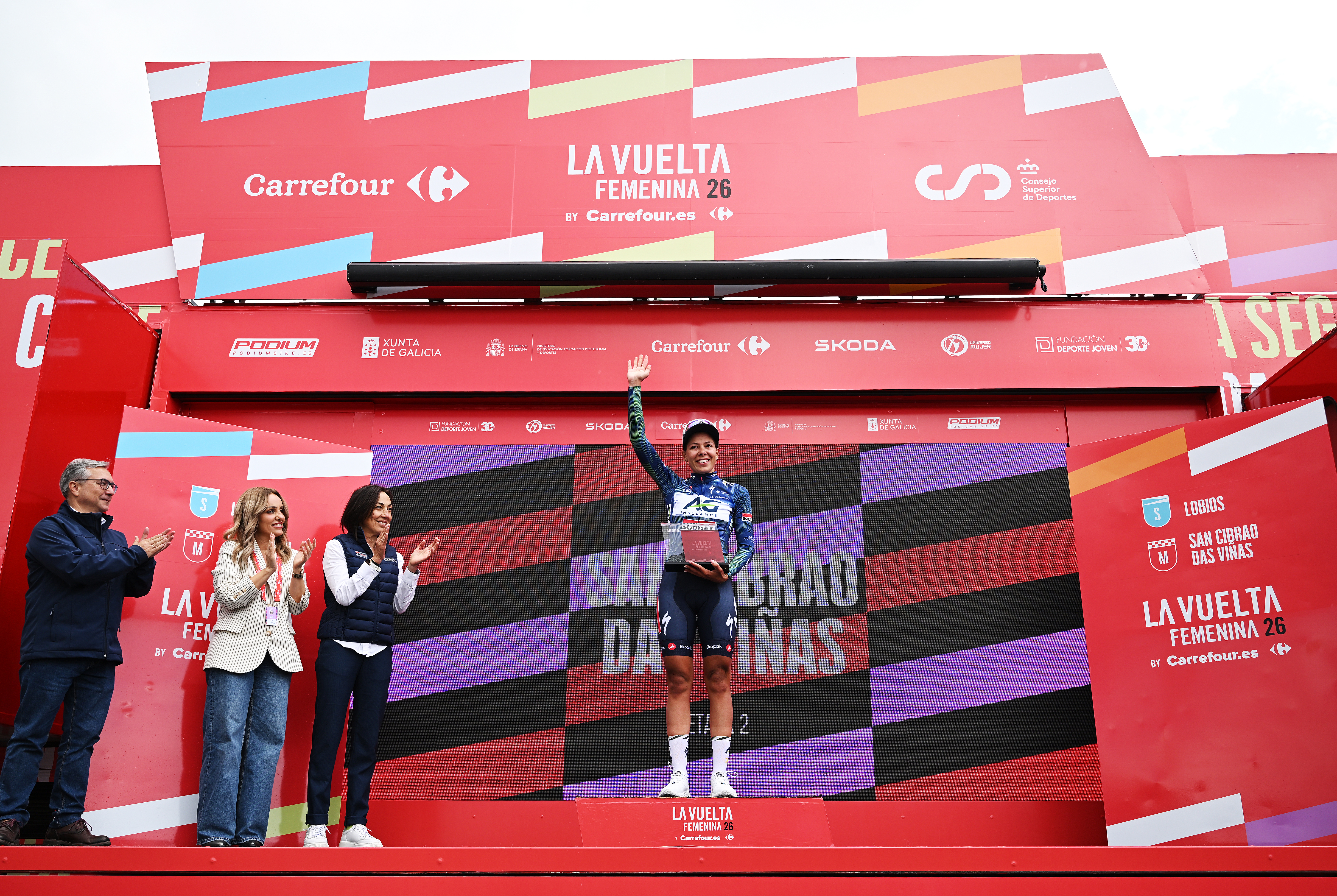 SAN-CIBRAO-DAS-VINAS, SPAIN - MAY 04: Shari Bossuyt of Belgium and Team AG Insurance - Soudal celebrates at podium as stage winner during the 12th La Vuelta Femenina 2026, Stage 2 a 109.8km stage from Lobios to San Cibrao das Vinas / #UCIWWT / on May 04, 2026 in San Cibrao das Vinas, Spain. (Photo by Szymon Gruchalski/Getty Images)