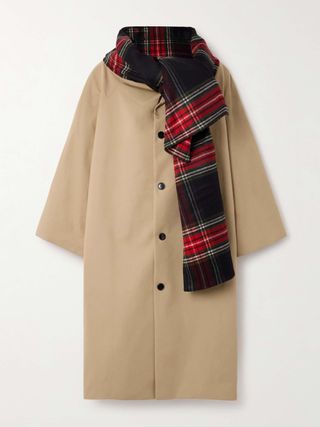 Oversized Checked Scarf-Detailed Cotton-Gabardine Coat